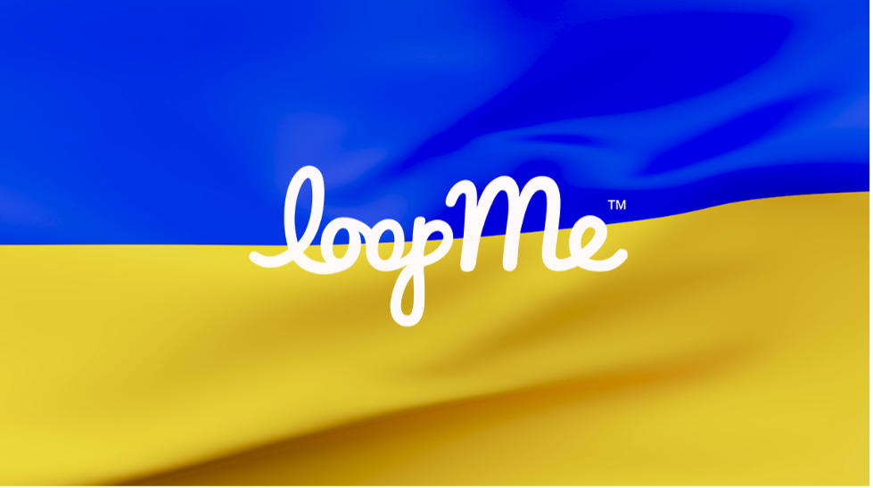 LoopMe logo in white over an image of the Ukraine flag